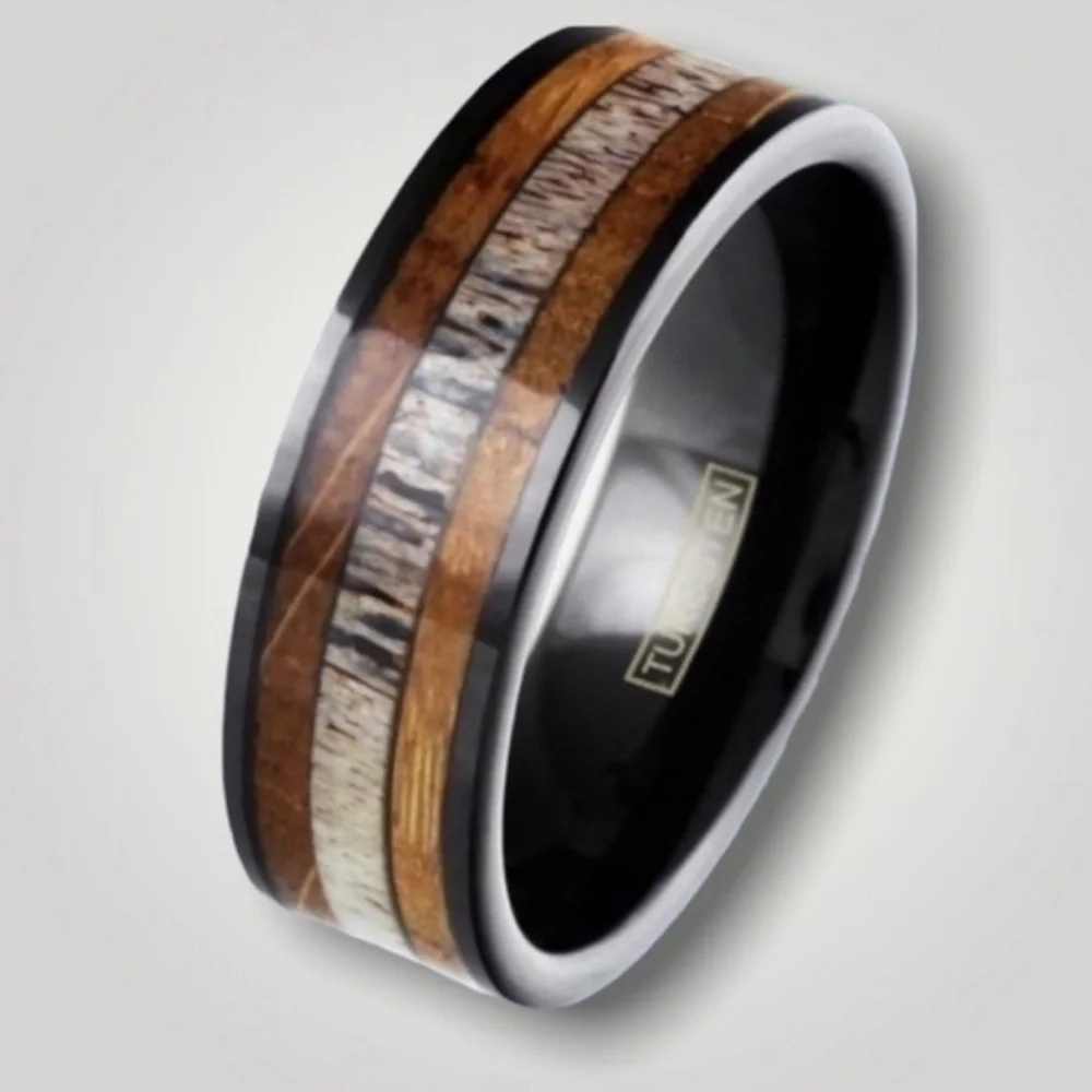 Genuine Tungsten l, Whiskey Barrel Oak & Deer Antler Ring